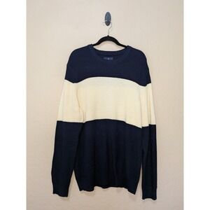 American Eagle Mens XL Navy Blue Cream Colorblock Ribbed Knit Crewneck Sweater